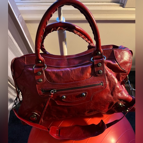 Balenciaga City Bag. Red. Satchel. Made in Italy. 15” W by 10” L. 4”D. 26”Strap. - Picture 1 of 15